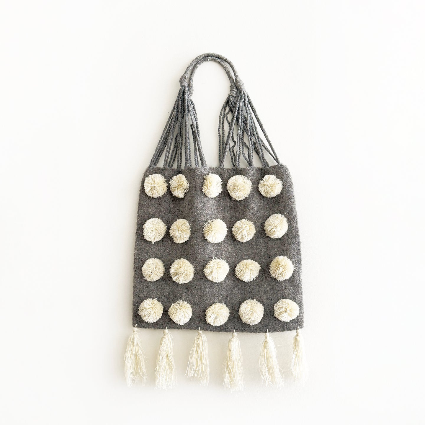 Wool Pom Shoulder Bag in Gray & Cream