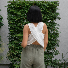 Load image into Gallery viewer, Serena Linen Cross Back Crop Top in Pure White